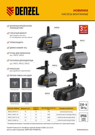 Насос фонтанный FNP31-24, 31 Вт, подъем 2,4 м, 1500 л/ч, колокольчик/2 каскада/гейзер Denzel