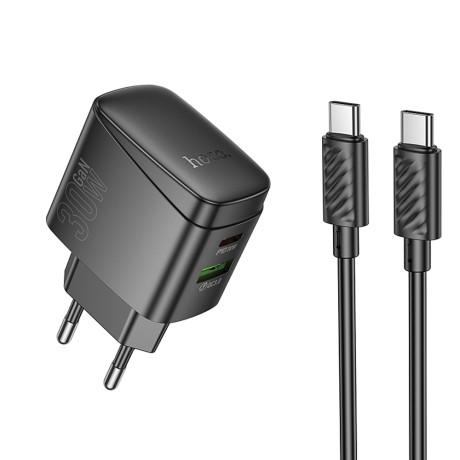 hoco. Зарядное устройство модель CS61A, USB+C 30W+ Кабель для зарядки С-С, цвет: черный