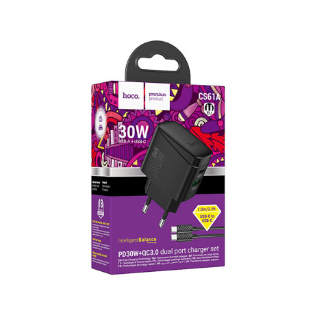 hoco. Зарядное устройство модель CS61A, USB+C 30W+ Кабель для зарядки С-С, цвет: черный