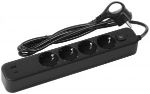 ЭРА Сетевой фильтр ПВС 3х0.75 4роз+USB+Type C 1,5м 10А черный термо/варист, земля, PP USF-4es-1,5m