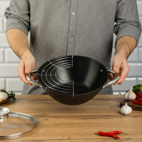 SATOSHI Казан чугун,28см,3,6л,антипр.покр,решетка,стекл.крыш,нейлон.лопатка,бамб.палочки,индукция