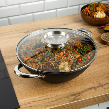 SATOSHI Казан чугун,28см,3,6л,антипр.покр,решетка,стекл.крыш,нейлон.лопатка,бамб.палочки,индукция