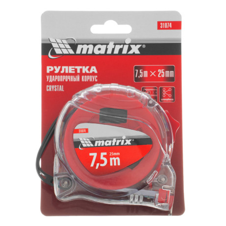 Рулетка Crystal,7,5 м х 25 мм,корпус из поликарбоната Matrix
