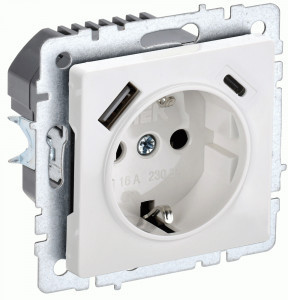 IEK BRITE мех. роз. СУ земля, штор. 16А с USB A+C 18Вт РЮш11-1-БрБ бел. BR-R14-16-U22-018-K01
