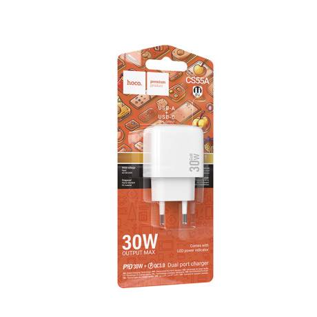 hoco. Зарядное устройство модель CS55A, USB+C 30W, цвет: белый