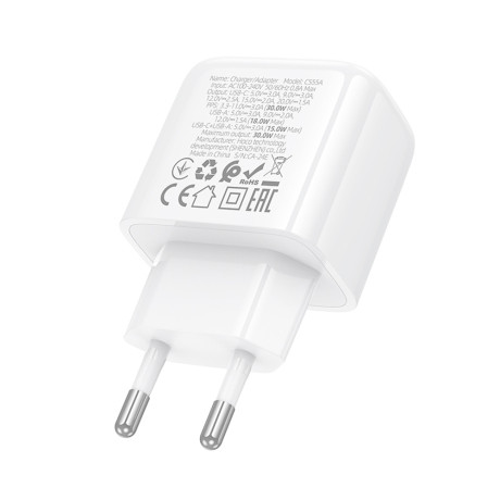 hoco. Зарядное устройство модель CS55A, USB+C 30W, цвет: белый