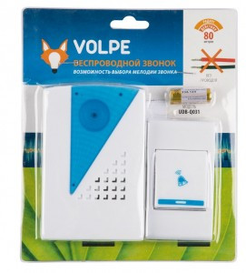 Volpe звонок беспроводной  80м, 32 мелодии, инд, бел/голуб, кнопка IP53, UDB-Q031 W-R1T1-32S-100M-WH