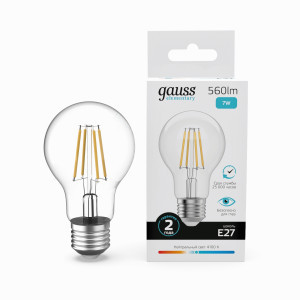 Gauss Elementary Filament ЛОН А60 Е27 7W(560lm) 4100К 105х60  филамент (нитевидная), прозр 22227