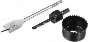 Набор для врезки замков DEXX: Коронка-чашка d=54мм,  сверло перовое d=22мм, центрирующее сверло d=6м