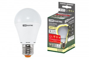 TDM ЛОН A60 E27 степ-димм. 10W(800lm) 3000K 60x120 (шаг 10/50/100%) пласт/алюм/SMD (10!) SQ0340-0197