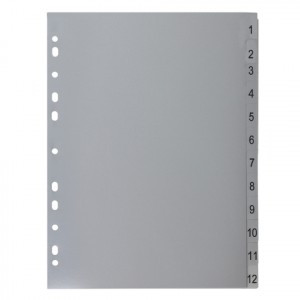 Разделитель пластиковый BRAUBERG, А4, 12 листов, цифровой 1-12, оглавление, серый, Россия, 225596