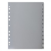 Разделитель пластиковый BRAUBERG, А4, 12 листов, цифровой 1-12, оглавление, серый, Россия, 225596