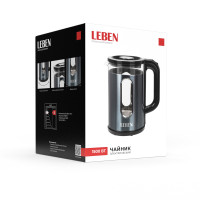 LEBEN Чайник электрический 1,8л, 1500Вт, стеклянная колба, металл, пластик, серый