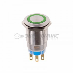 REXANT выключатель-кнопка  антивандальная O19 Фикс 250В(5с)ON-OFF/OFF-ON подсв/зеленая ,36-3443