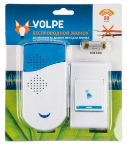 Volpe звонок беспроводной  80м, 32 мелодии, инд, бел/голуб, кнопка IP53, UDB-Q030 W-R1T1-32S-100M-WH