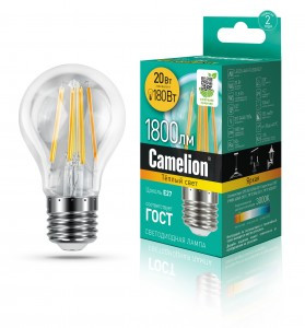 Camelion ЛОН A60 E27 20W(1800lm) 3000K 2K филамент 105x60 LED20-A60-FL/830/E27