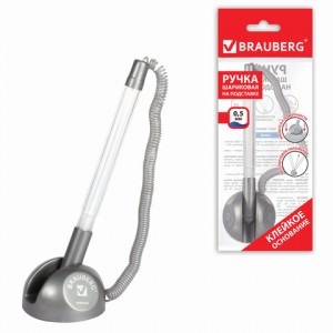 Ручка шарик. наст. BRAUBERG "Стенд-Пен", пружинка, корпус серебр., линия 0,5мм, синяя 142164