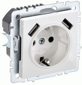 IEK BRITE мех. роз. СУ земля, штор. 16А с USB A+A 2,1А РЮш10-1-БрБ бел. BR-R14-16-U21-D21-K01