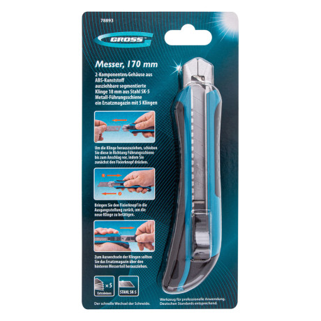 Нож, 170 мм, обрезиненный ABS-корпус, выдвижное сегментное лезвие 18 мм (SK-5) металлическая направляющая, 5 запасных лезвий Gross