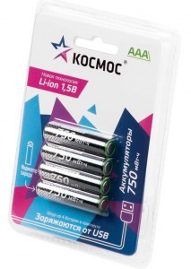 Ак-р Космос R03/AAA Li-ion 1,5V 750mWh (~500mAh) прямой заряд через USB-C 4BL KOCR03Li750mWh4BL