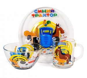 Набор посуды 3 предм (кружка 250мл, салатник 13см, тарелка 19,5см) стекло П/У Синий трактор МФК