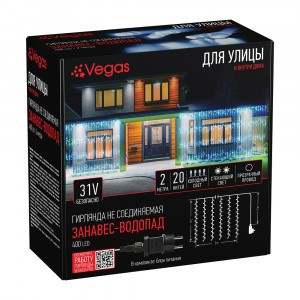 VEGAS 31V Гирлянда-занавес ул. "Водопад" 400LED холод. бел. 2*2м/20нит., прозр., 2р(стекание/пост)