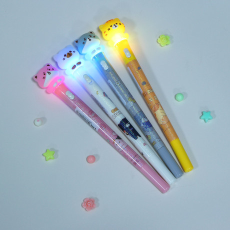 Ручка гелевая черная 0,5мм, с LED подсветкой "Котики", 4 вида