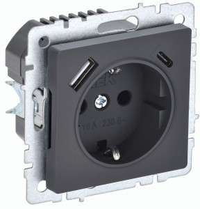 IEK BRITE мех. роз. СУ земля, штор. 16А с USB A+C 18Вт РЮш11-1-БрГ графит BR-R14-16-U22-018-K53