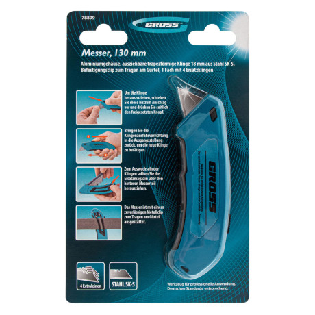 Нож, 130 мм, алюминиевый корпус, выдвижное трапециевидное лезвие 18 мм (SK-5) клипса для ремня, 4 лезвия Gross