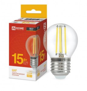 ASD/InHome лампа св/д Deco Шар P45 E27 15W(1435lm) 3000К 2K 76x45 филамент (нитевидная) прозр. 5978