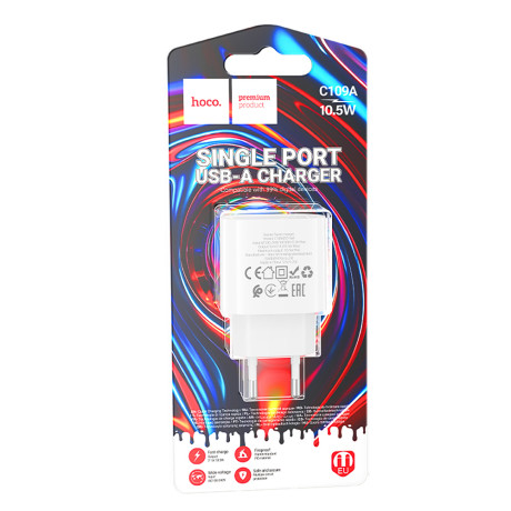 hoco. Зарядное устройство модель C109A, USB-A 10.5W, цвет: белый