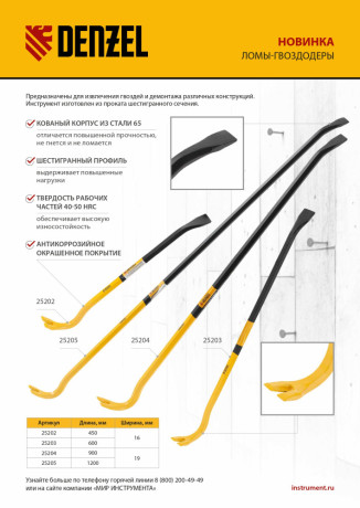 Лом-гвоздодер, 900 мм, шестигранный 19 мм, окрашенный, сталь 65 Denzel