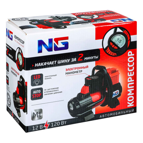 NG Компрессор автом, манометр, штекер прикур, LED фонарь, 12V, 120W, 35 л/мин, металл