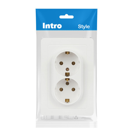 Розетка двухместная скрытой установки Intro Style с заз. 2x2P+E, 16А-250В, IP20, СУ,7-205-01, белый