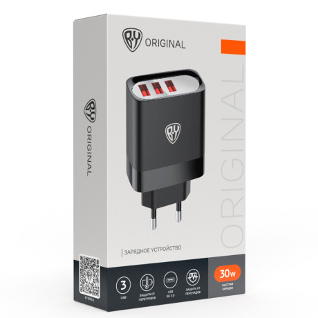 BY Сетевое зарядное устройство Максимум, быстрая зарядка QC3.0, 3xUSB, 30 Вт, черный