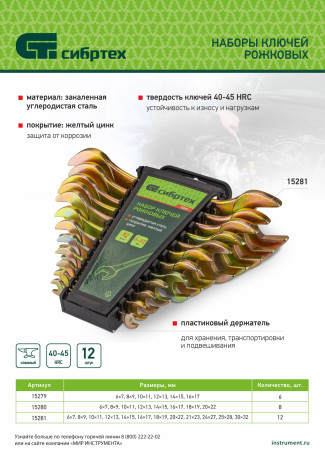 Набор ключей рожковых 6-32 мм, 12 шт, желтый цинк Сибртех