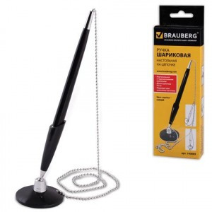 Ручка шариковая настольная BRAUBERG на цепочке, на подставке, цвет корпуса черный, 140889, синяя