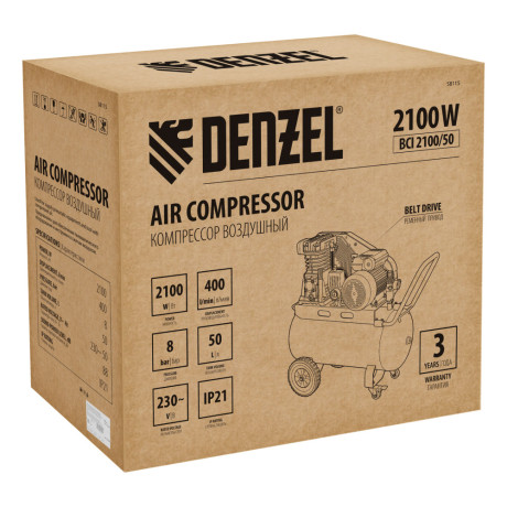 Компрессор воздушный рем. привод BCI 2100/50, 2,1 кВт, 50 литров, 400 л/мин Denzel