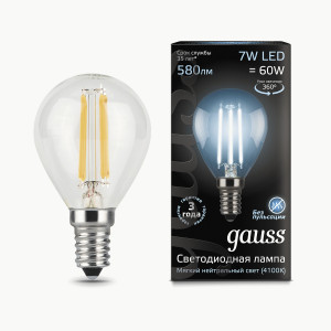 Gauss Filament лампа Шар G45 E14 7W(580lm) 4100K 4K 80x45 филамент (нитевидная), прозр. 105801207