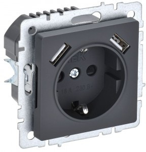 IEK BRITE мех. роз. СУ земля, штор. 16А с USB A+A 3,1А РЮш10-2-БрГ графит BR-R14-16-U21-D31-K53