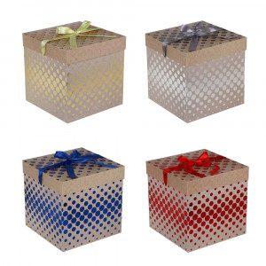 Коробка подарочная складная с лентой, бумага с фольгированным слоем, 22х22х22 см, круги, 4 цвета