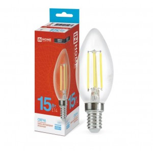 ASD/InHome лампа св/д Deco Свеча C37 E14 15W(1455lm) 6500К 6K 98x35 филамент (нитевидн) прозр. 5961