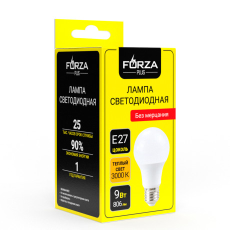 FORZA Лампа светодиодная A60 9 Вт, Е27, 806 Лм, 3000 К, 175-265 В, Ra>80, IRF <5%, 1 год гар.