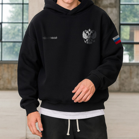 Худи черная с принтом РУССКИЕ СУПЕРГЕРОИ, футер с начёсом, размер М