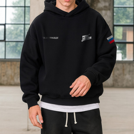 Худи черная с принтом РУССКИЕ СУПЕРГЕРОИ, футер с начёсом, размер М