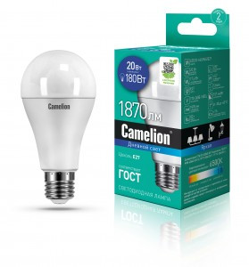 Camelion ЛОН A65 E27 20W(1870lm 270°) 6500K 6K матов. 134x65 LED20-A65/865/E27