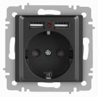 ЭРА Intro Accent мех. роз. СУ 1 мест. 16А 250В (земля, шторки + 2хUSB) графит 6-410-07