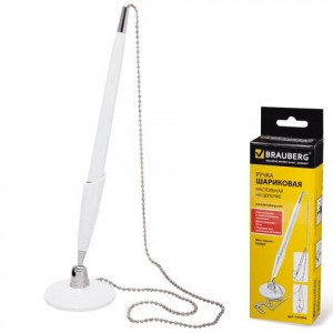 Ручка шариковая настольная BRAUBERG на цепочке, на подставке, цвет корпуса белый, 141044, синяя