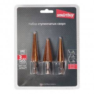 Набор 3 ступ. сверл, 1/3-13,2/5-13,3/6-19 сталь HSS, титан.покр,HEX, чех, Smartbuy Tools SBT-STD-3P1