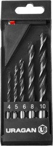 Набор URAGAN: Сверла спиральные по дереву, сталь 45, М-образная заточка, d=4-5-6-8-10мм, 5шт, в плас